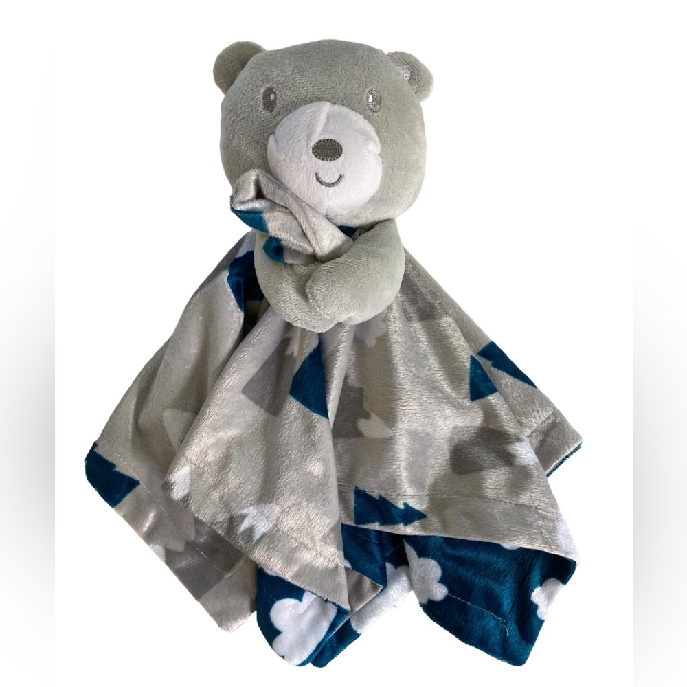 Baby Essentials Bear Lovey Blanket 14” Blue Teal Gray Clouds Trees Mountains
